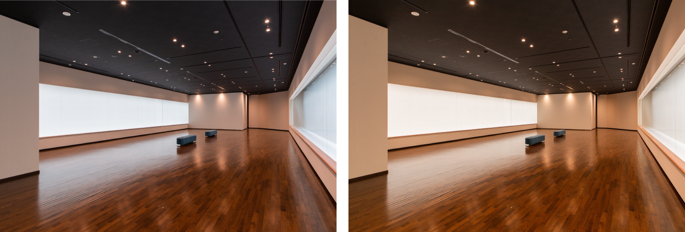 展示作品によってLED照明を使い分ける様子